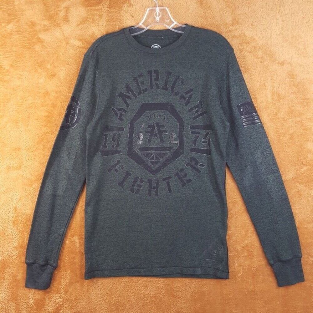 AMERICAN FIGHTER Mens Shirt Medium Green Pullover Graphic Long Sleeve MMA